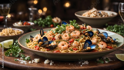 a gourmet seafood pasta dish served in a charming Italian trattoria. The dish is a combination of al dente linguine, clams, mussels, shrimp, and calamari, and garnished with fresh parsley ai generated