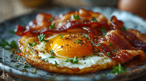 Fried eggs with bacon and herbs