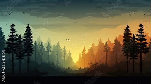Tranquil forest scenes with flat tree silhouettes.