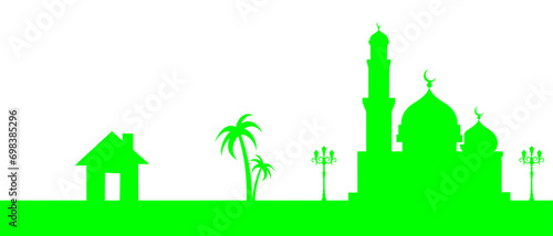 Islamic background for eid mubarak al fitr or adha with isra miraj laylatul qadar, house, mosque, palm tree, lantern, isolated on white background eps 10