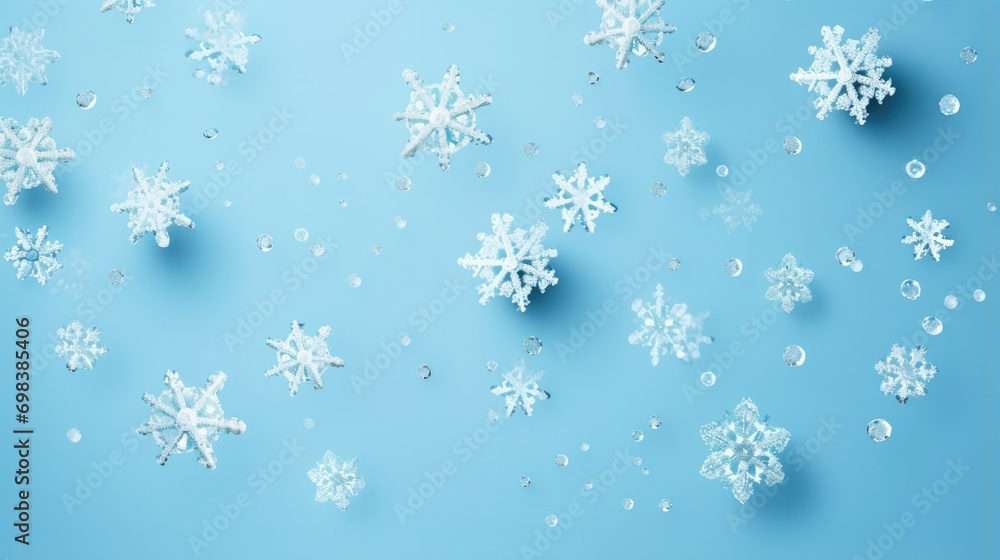 Sleek and minimalistic snowflakes on a soft blue background Sleek and minimalistic snowflakes on a soft blue background