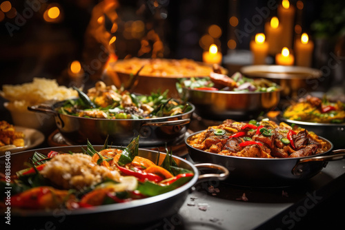 Dishes cooked in different ways are kept on the table. Indian Style Buffet Dinner
