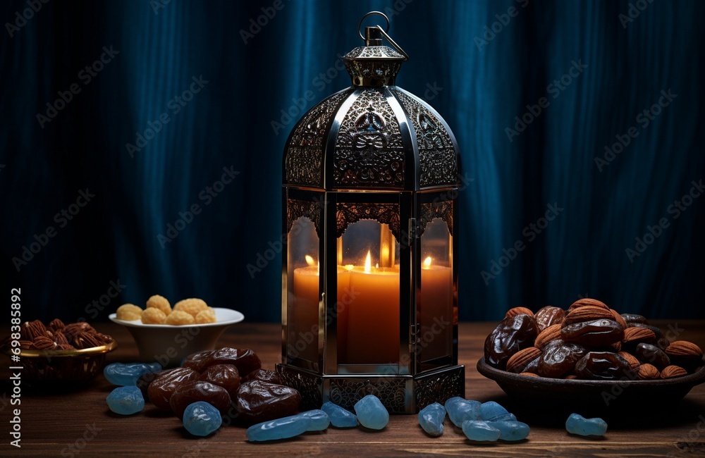 Lantern on table in front of mosque at sunset. Ramadan Kareem background
