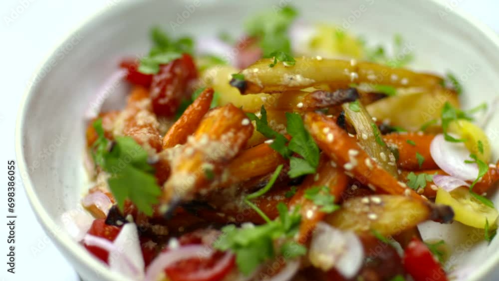 Vegan salad roasted vegetable bowl food. Healthy plant based vegan food. High resolution 4k vegetarian cooking shallow depth of field footage. Vegan salad roasted vegetable bowl food. Healthy plant based vegan food. High resolution 4k vegetarian cooking shallow depth of field footage.