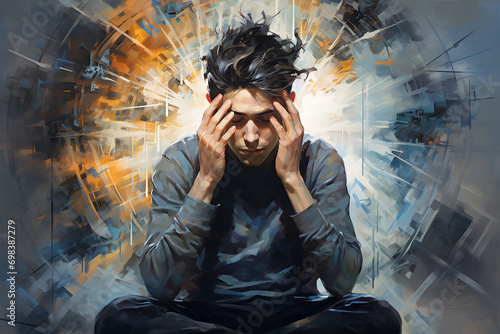 Mental Struggle, A person in deep contemplation, sitting with hands on head. showing inner confusion and the weight of thoughts.