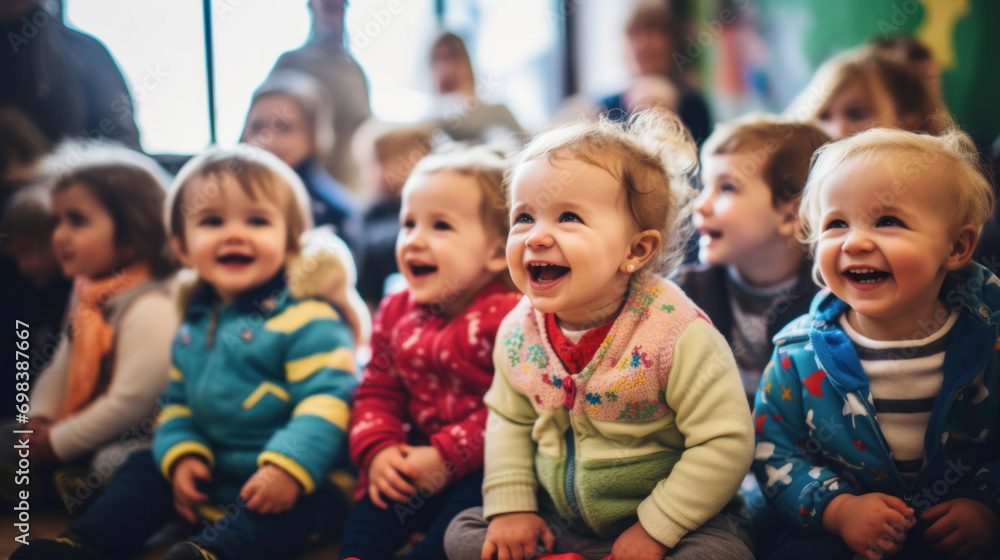 A cheerful assembly of toddlers clad in colorful attire, exuding happiness during playtime in a daycare setting. A cheerful assembly of toddlers clad in colorful attire, exuding happiness during playtime in a daycare setting.
