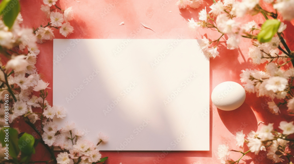 A single Easter egg on a pink background accompanied by blossoming branches, invoking a sense of spring renewal.