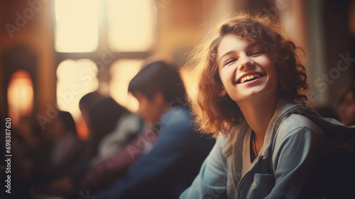 A teenage girl with curly hair smiling joyfully in a classroom setting, with blurred students in the background. photo
