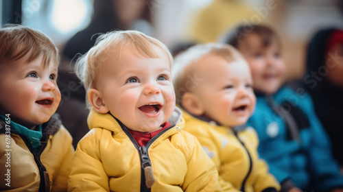 A group of joyful babies wearing bright yellow jackets share a moment of laughter in a cozy indoor setting.