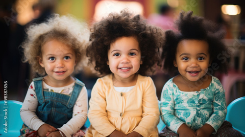 Three happy multiethnic toddlers sitting together, showcasing diversity and friendship in a preschool setting.