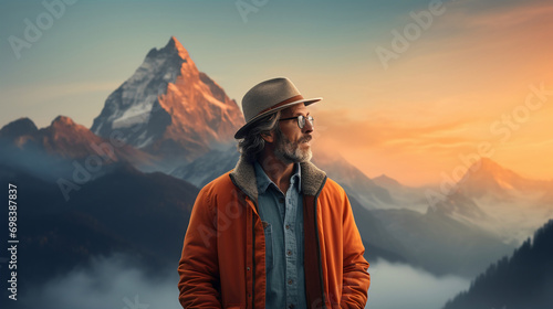 Old man in a hat and orange suite in the mountains. Western gentleman
