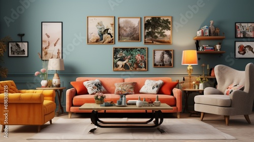 An eclectic living room with a 3D wall mockup displaying an array of eclectic art pieces. photo
