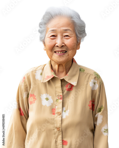 近所にいるおばちゃん、日本の老人のポートレート　Asian gray-haired grandmother is smiling and laughing. white background.Generative AI photo