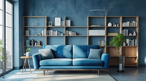 blue sofa with pillows and bookcase, blue wall, minimalist interior design living room photo