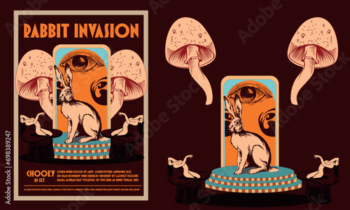 psychedelic rabbit ,vintage psychedelic with rabbit, mushroom and two woman
