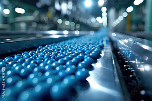 Blue Capsules are Moving on Conveyor at Modern Pharmaceutical Factory. Tablet and Capsule Manufacturing Process. Close-up Shot of Medical Drug Production Line