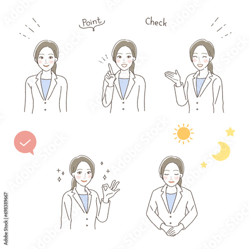 Set of Illustrations of a Woman in Healthcare Explaining.