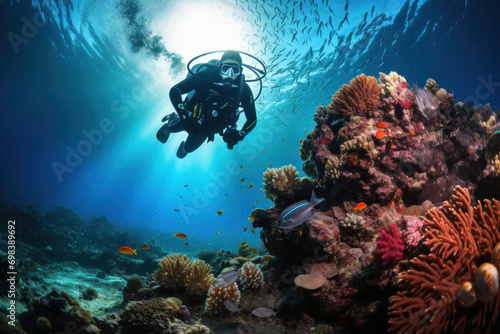 scuba driver diving swimming in deep of sea photo