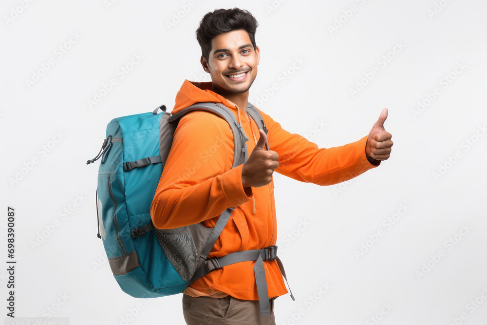Young indian boy showing thumps up with backpack on white background. Young indian boy showing thumps up with backpack on white background.