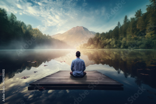A man doing meditation at lake side © Neha