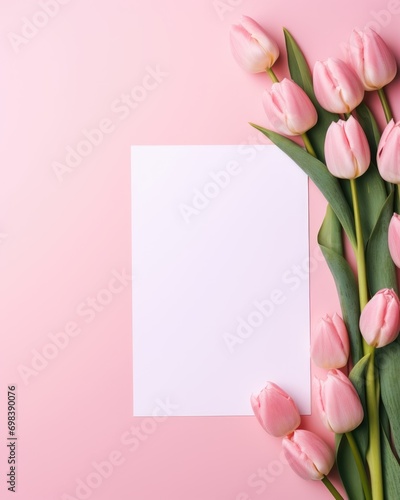 Elegant floral and paper blank in center. Beautiful flower. Branding mock up, holiday marketing concept. soft color pink background. Valentine's Day, Easter, Birthday, Happy Women's Day, Mother's Day.