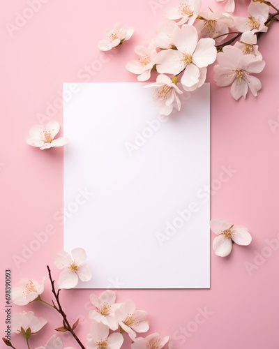 Elegant floral and paper blank in center. Beautiful flower. Branding mock up, holiday marketing concept. soft color pink background. Valentine's Day, Easter, Birthday, Happy Women's Day, Mother's Day. © megavectors