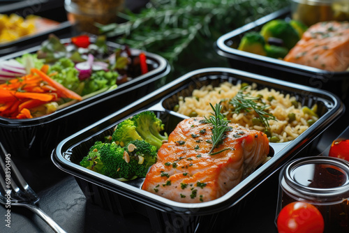 Ready healthy food catering menu in lunch boxes fish and vegetable packages as daily meal diet plan courier delivery with fork isolated on black table background. Take away containers order concept photo