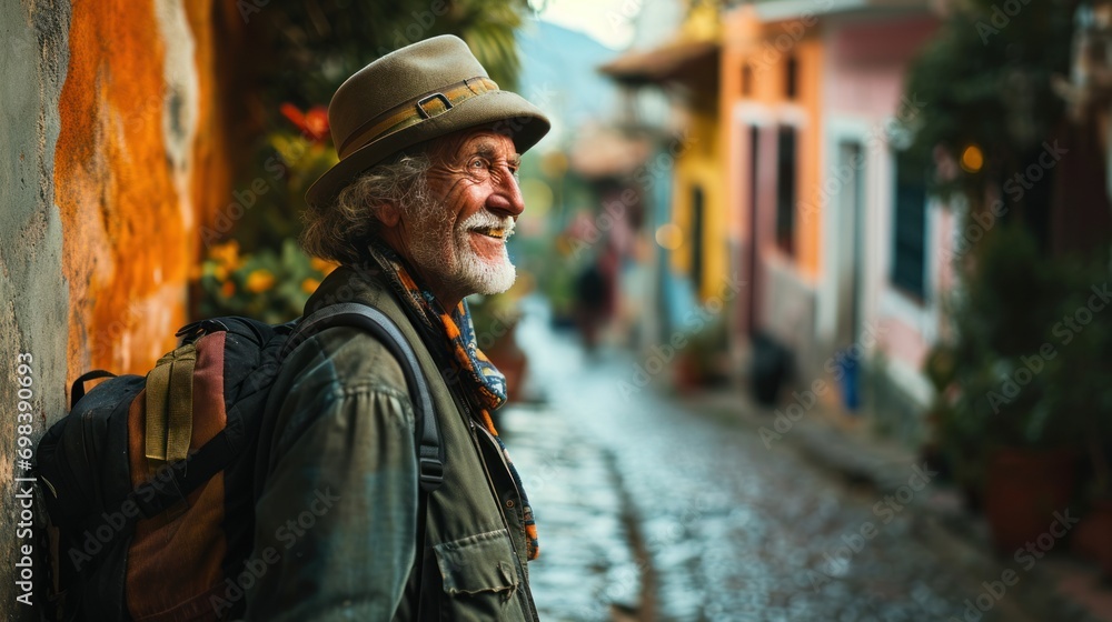 Smiling elderly man with backpack traveling and discovering new places and cultures. Happy retirement, travel, rest, travel, good health.