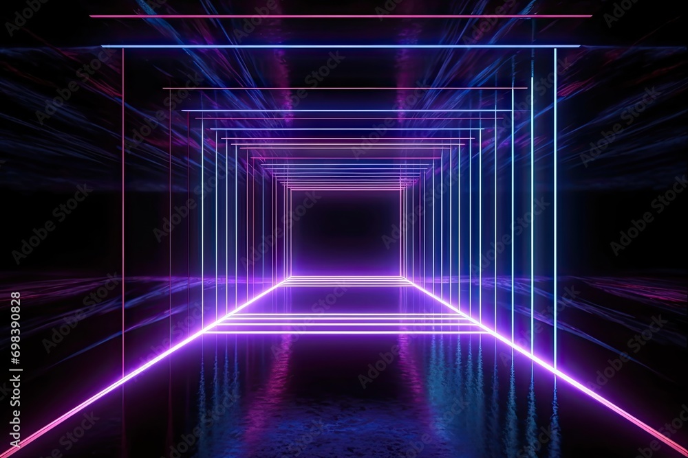 3d render Geometric figure neon light dark tunnel Laser glow - obrazy, fototapety, plakaty 