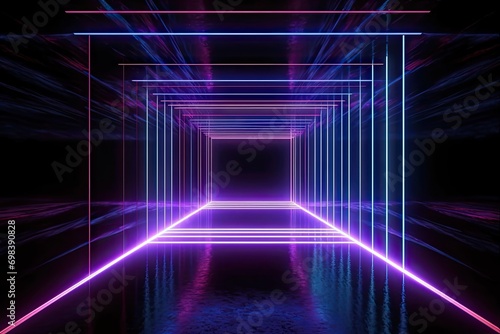 3d render Geometric figure neon light dark tunnel Laser glow