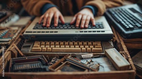 old laptops and keyboards In a box with old computers and gadgets to recycle already-planned