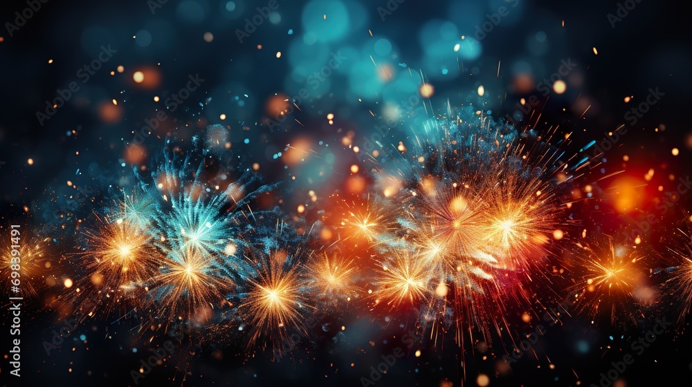 Fototapeta premium Happy New Year background. Beautiful creative holiday background with fireworks and Sparkling