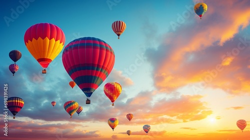 A colorful hot air balloon festival at sunrise  balloons softly blurred against the dawn sky.