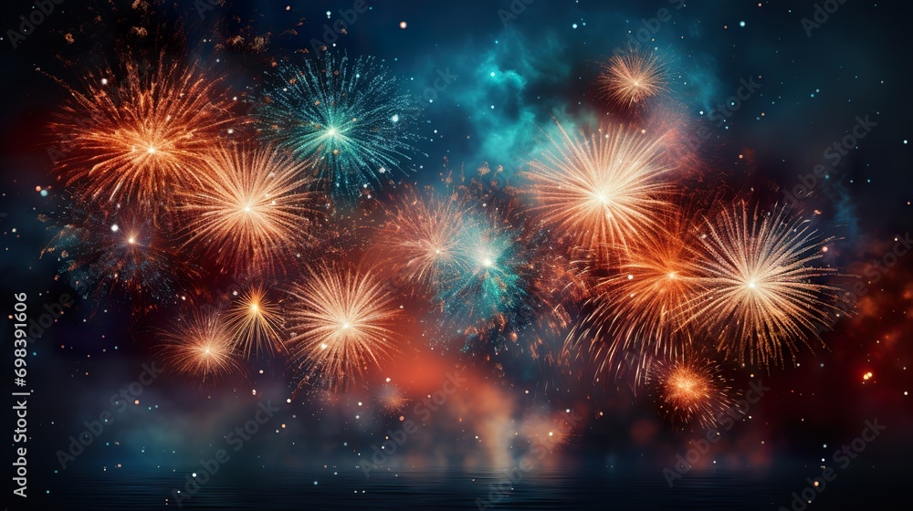 Happy New Year background. Beautiful creative holiday background with fireworks and Sparkling Happy New Year background. Beautiful creative holiday background with fireworks and Sparkling