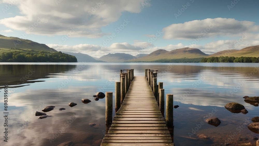 a wooden dock in the middle of a lake

