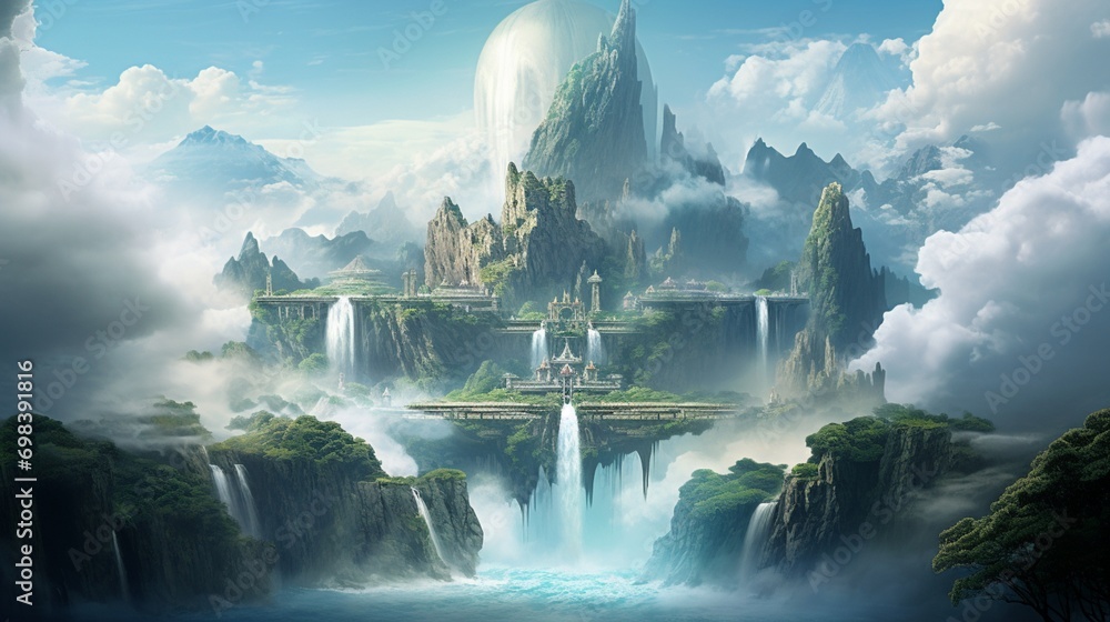 A colossal floating island surrounded by cascading waterfalls, shrouded in mystical clouds.