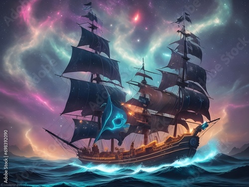 Close-up of a pirate vessel sailing the sea under a mesmerizing night sky with a galaxy.  Ship sailing wall art.  Life is like sailing, you can use any wind to go in any direction  photo