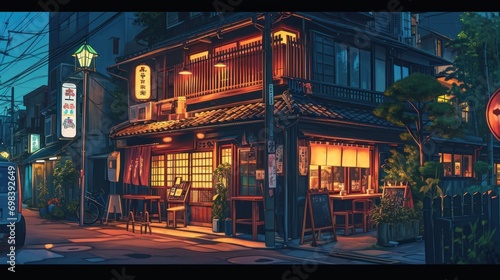 A beautiful Japanese Tokyo city ramen shop restaurant bar in the dark night evening, house on the street, anime cartoonish art style, cozy lo-fi Asian architecture.