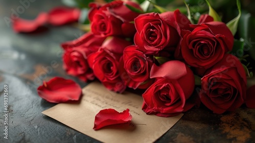 A bouquet of red roses with a love note, traditional symbol of romance