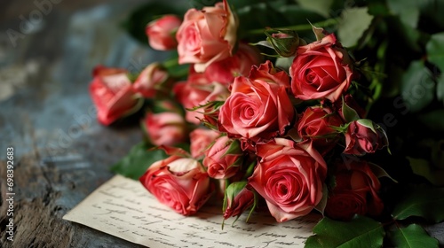 A bouquet of roses with a love letter