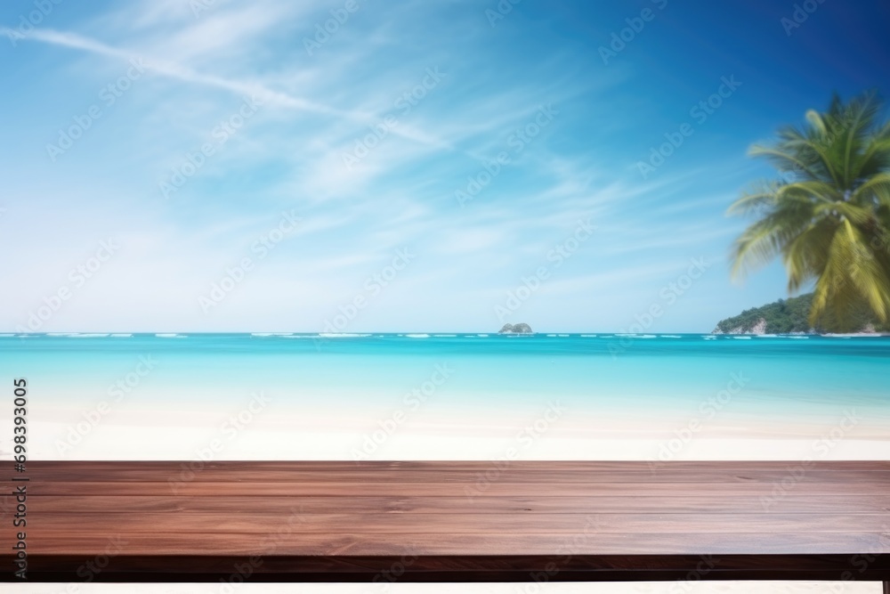 Table wood desk of space and summer beach landscape. Empty wooden table. Empty wood table over blue sea, beach background in summer day. With copy space for your product