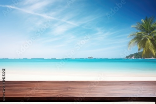 Table wood desk of space and summer beach landscape. Empty wooden table. Empty wood table over blue sea  beach background in summer day. With copy space for your product