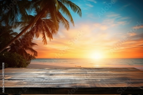 Table wood desk of space and summer beach landscape. Empty wooden table. Empty wood table over blue sea, beach background in summer day. With copy space for your product