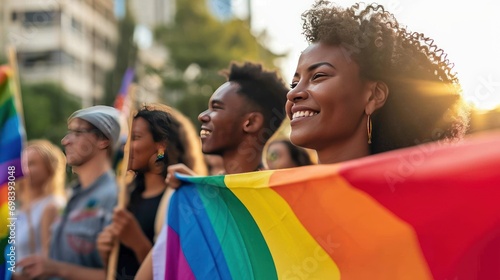 A diverse group of people holding a large rainbow flag. © Bijac