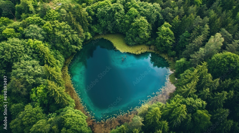 A heart-shaped lake surrounded by a lush forest, serene and romantic.