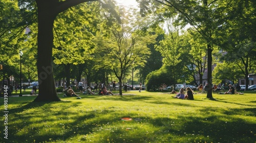 A vibrant city park in summer with children playing and families picnicking