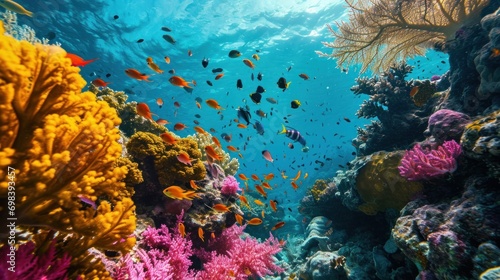 A vibrant coral reef underwater with diverse marine life and colorful corals