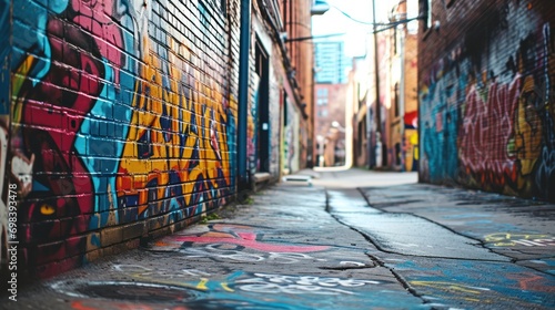 A vibrant graffiti wall in an urban alley, showcasing street art and creativity