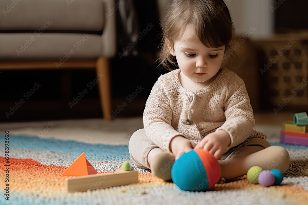 Girl playing toys carpet home Girl playing toys carpet home