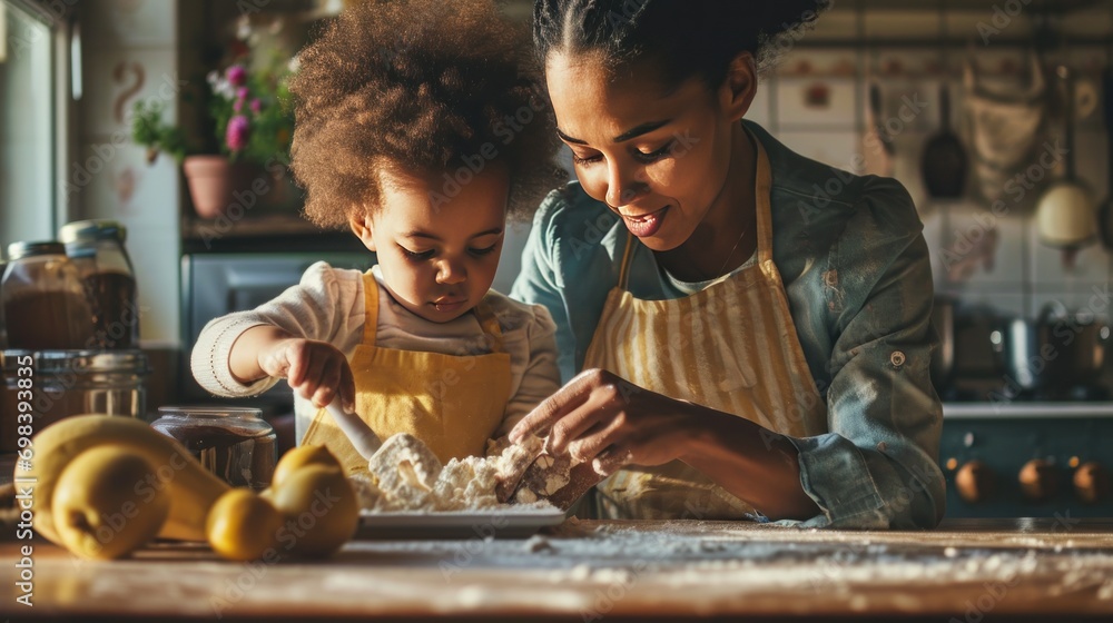 A mother and child baking together in a kitchen, family bonding moment - obrazy, fototapety, plakaty 